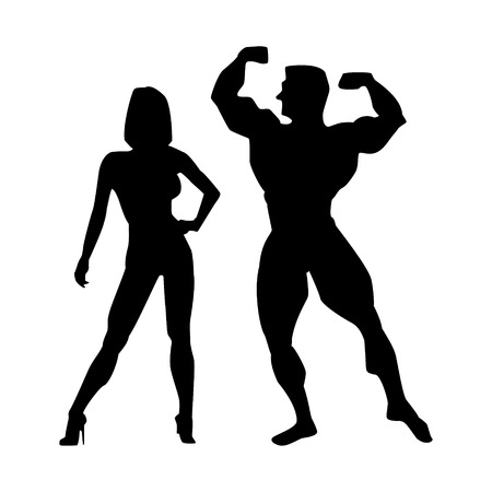 Female and male silhouettes athletes. A pair of athletes. Poses bodybuilders and fitnesbikini.のイラスト素材