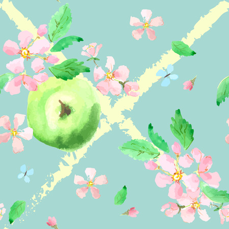 Apples and apple blossoms. Seamless texture. Romantic, tender, wedding texture. Vector watercolor techniqueのイラスト素材