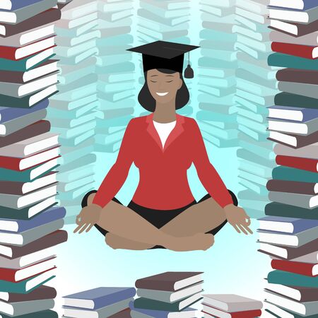 A girl in a lotus position, training, higher education, business education, courses. A girl is sitting among booksのイラスト素材