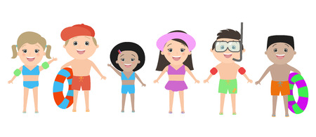Children of different nationalities in beach clothes isolated on white background. Vector cartoonのイラスト素材