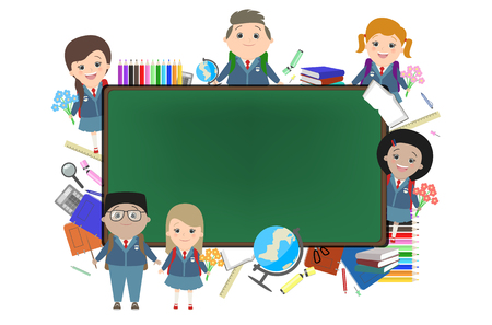 School, background, children on the background of a school chalkboard. Vector cartoons. White backgroundのイラスト素材