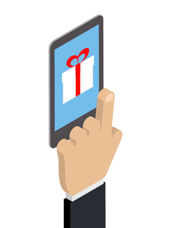 Shopping through phone, internet marketing, gift box. Hand Ð¡aucasian buys a gift by phoneのイラスト素材