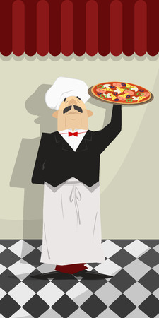 Waiter with pizza on the wall of the restaurant. Italian pizza. Vector, illustration, retroのイラスト素材