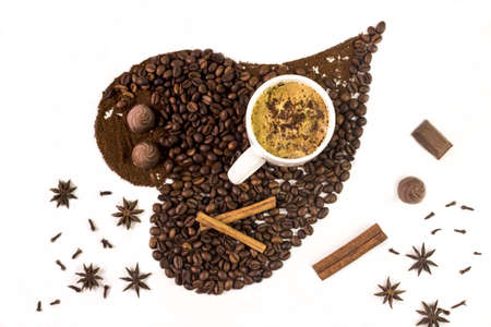 Hot coffee cup and beans in white cupの写真素材