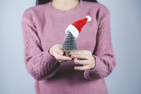woman hand small christmas tree on gray wall backgroundの写真素材