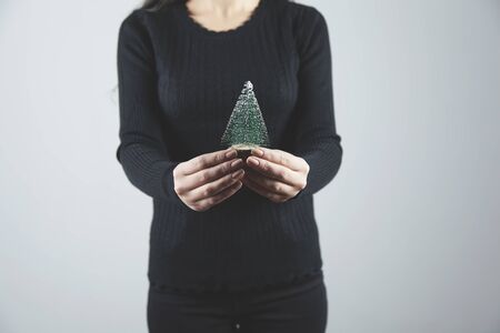 young woman hand holding small christmas treeの写真素材