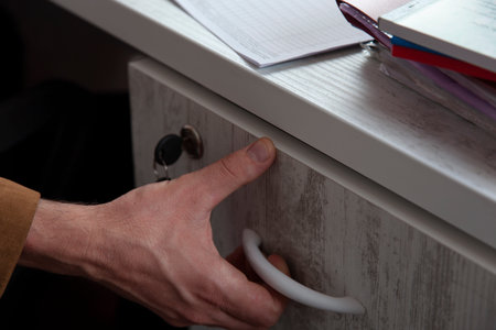  hand is opening a wooden drawer in office