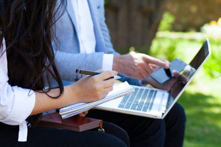 team working in computer in the park background