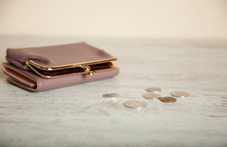coins with wallet on the wooden tableの写真素材