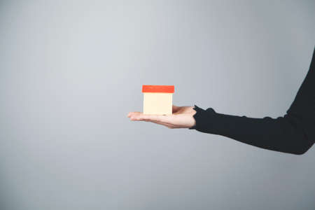 woman hand house model on gray wall backgroundの写真素材