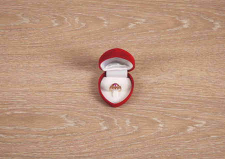 holding red box with ring on gray background