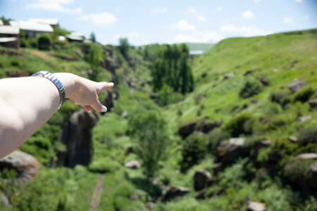 woman show in trees in forest backgroundの写真素材