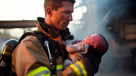 a fireman holding a baby in his armsの素材