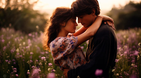 a man and a woman sitting in a field of flowersの素材