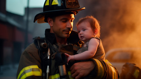 a fireman holding a baby in his armsの素材