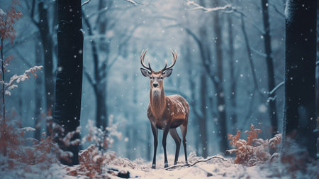 a deer in a snowy forest with the sun shining through the treesの素材