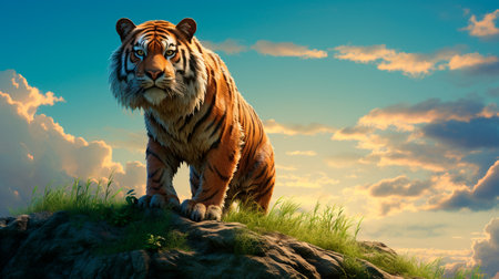 a tiger standing on a rock in the middle of a fieldの素材