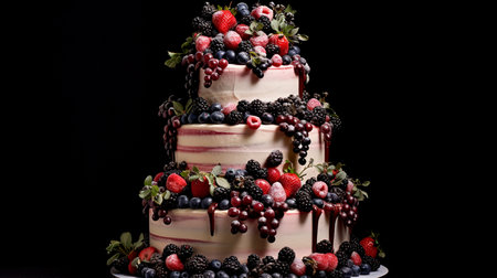 a three tiered cake with berries on topの素材