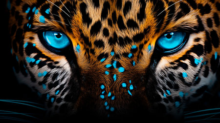 a leopard with blue eyes and a black backgroundの素材