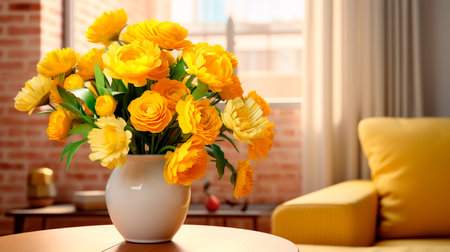 a vase of yellow flowers on a tableの素材