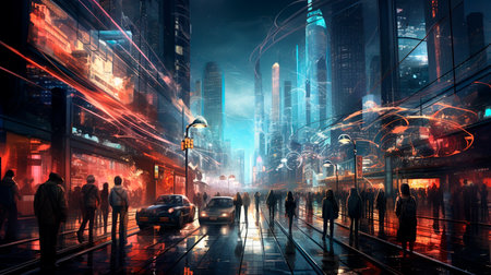 a city street at night with people walking on the sidewalkの素材