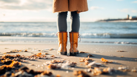 a person standing on a beach with a pair of bootsの素材