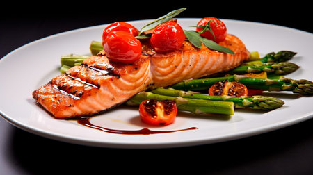 a plate of food with asparagus and tomatoesの素材