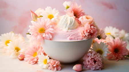 a bowl of flowers on a tableの素材
