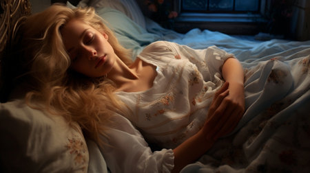 a woman laying in bed with her eyes closedの素材