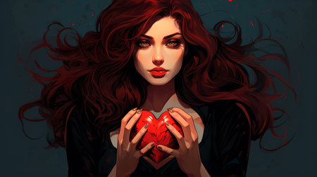 a woman holding a red heart in her handsの素材