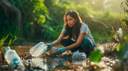 a woman picking up plastic bottles from a riverの素材