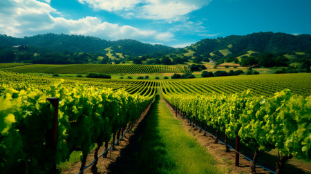 a vineyard with rows of grape plantsの素材