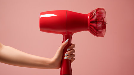 a woman holding a red hair dryer in her handの素材