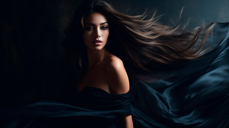 a woman with long hair in a black dressの素材