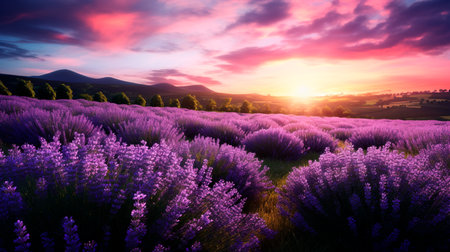 a field of lavenders with a sunset in the backgroundの素材