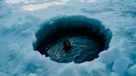 a person standing in a hole in the snowの素材