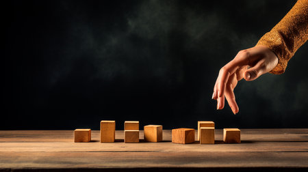 a person placing wooden blocks on a tableの素材