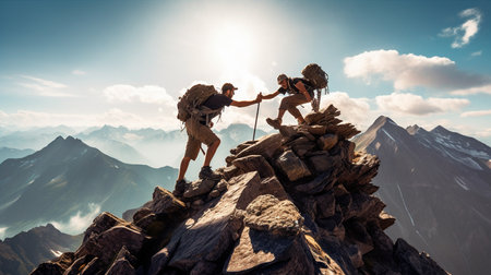 two people climbing up a mountain with backpacksの素材