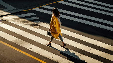 a woman in a yellow coat crossing a streetの素材