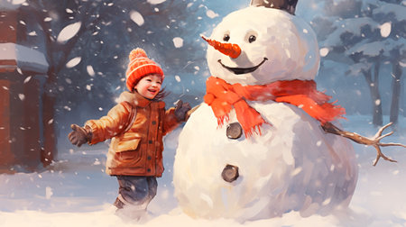 a child playing with a snowman in the snowの素材