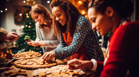 a group of people making cookies on a tableの素材