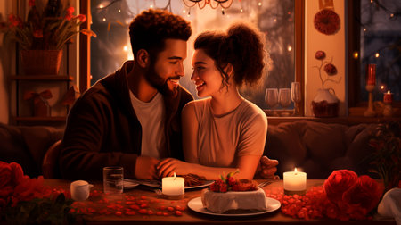 a man and woman sitting on a table looking at a cell phoneの素材