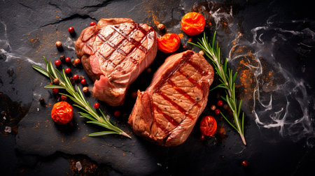 a steak on a slate board with tomatoes and rosemaryの素材