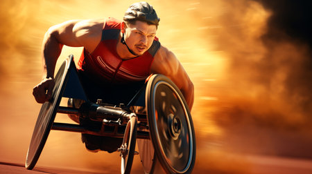 a man in a wheelchair on a trackの素材