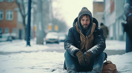 a person walking down a snowy street carrying bagsの素材