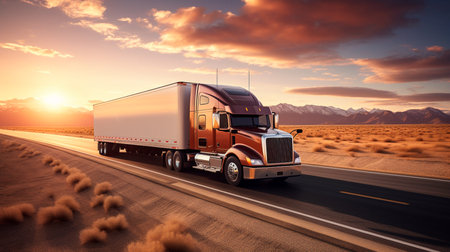 a truck driving down a highway at sunsetの素材