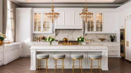 a kitchen with a marble island and a bar stoolの素材