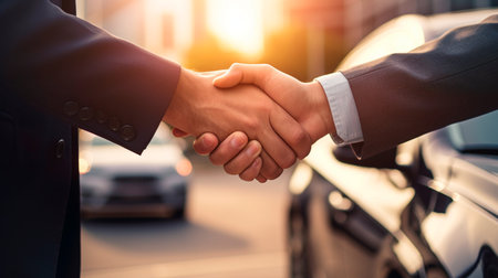 two men shaking hands in front of a carの素材