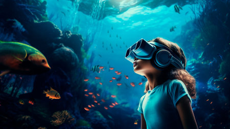 a little girl wearing a virtual reality headset in front of a fish tankの素材