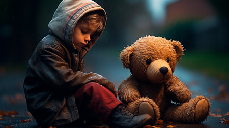 a little boy sitting on the ground with a teddy bearの素材